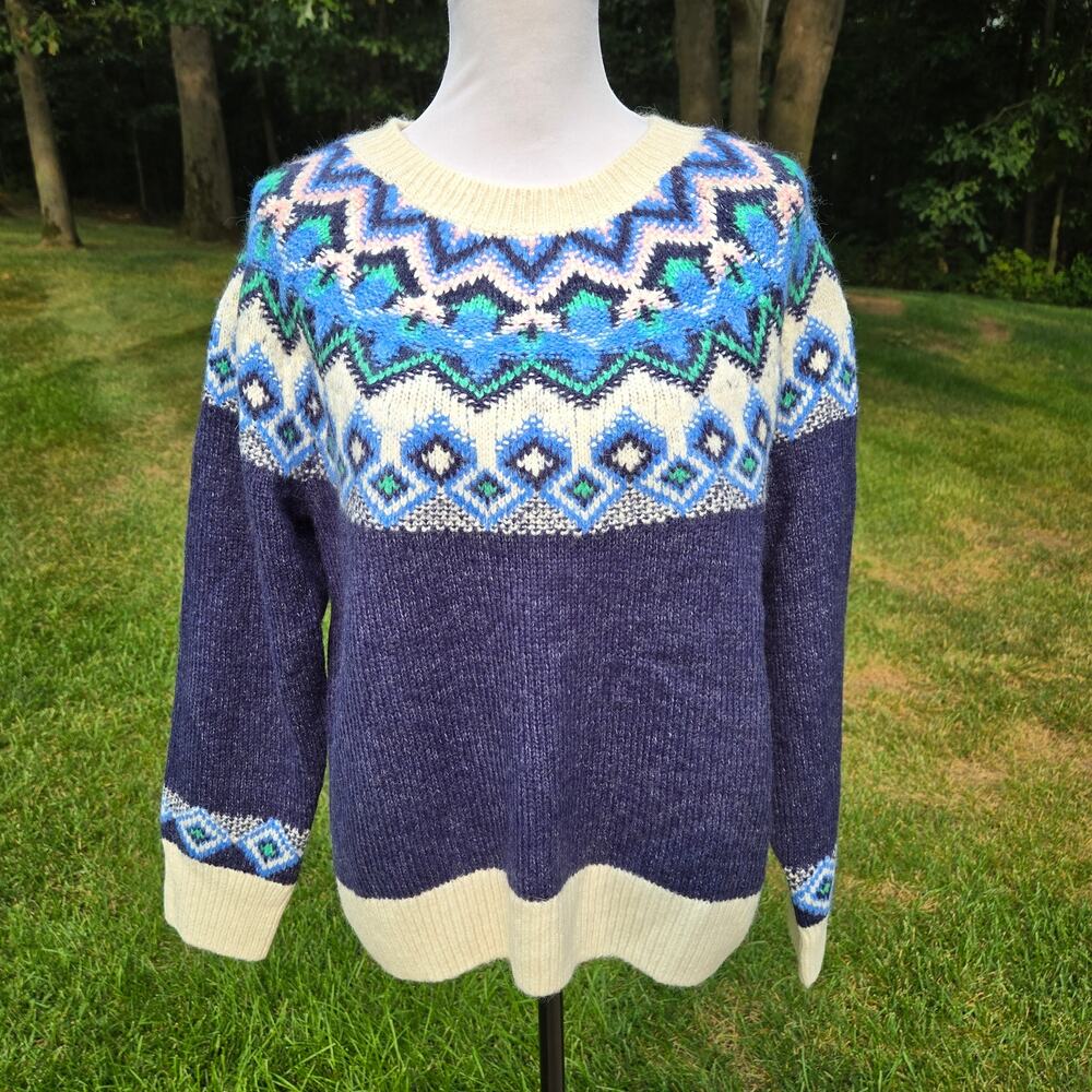 Women's Old Navy Fair Isle Soft Substantial Knit Denim Blue Cream Sweater Large